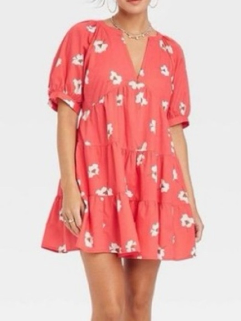 Universal Thread Coral-Red Floral Puff Sleeve Midi Dress